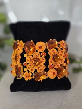 Metal Statement Orange Floral Wide Stretch Bracelet